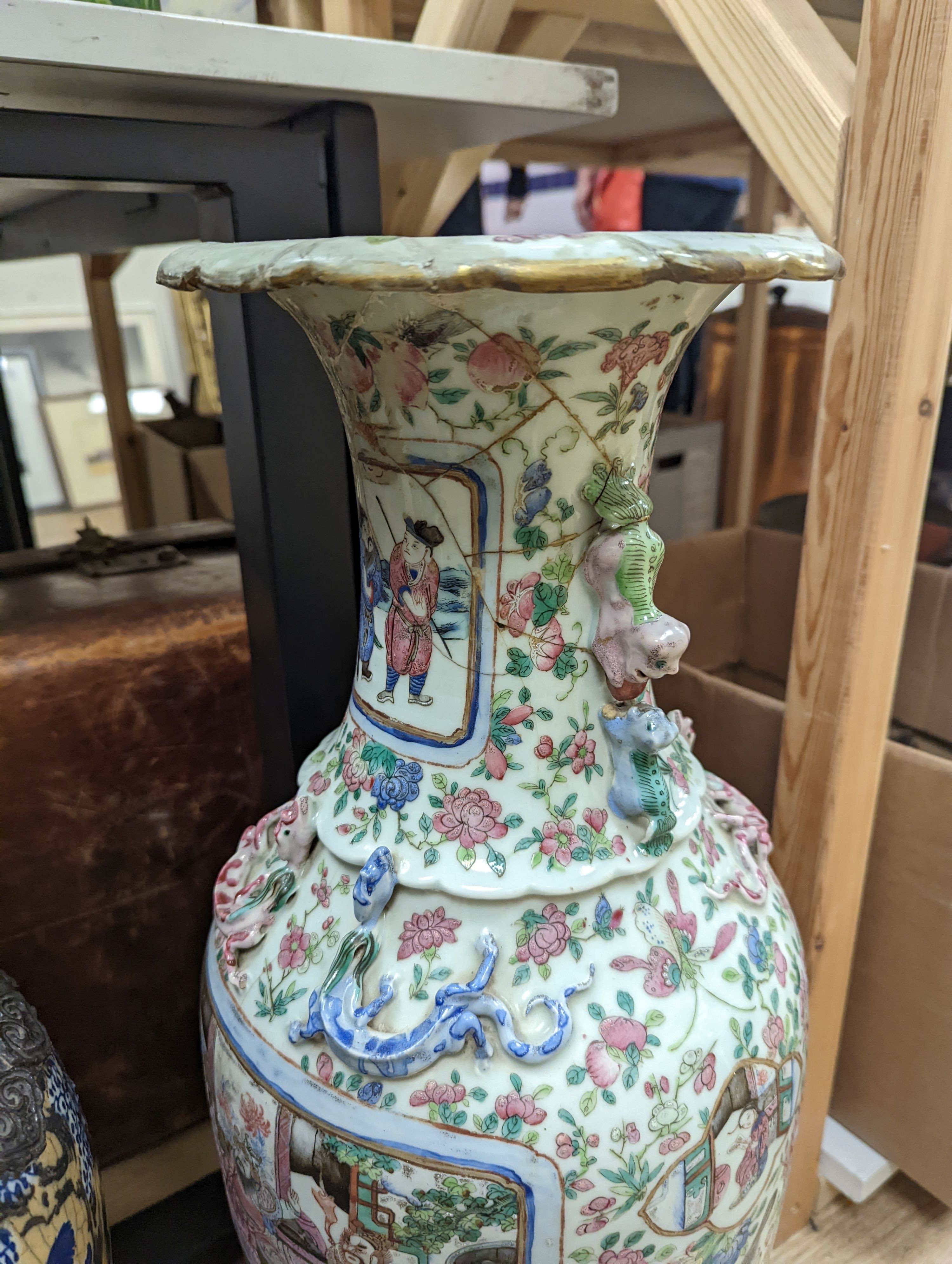 A large Chinese crackle glaze vase, late 19th/early 20th century and a large Chinese famille rose vase, late 19th century, tallest 60 cm.